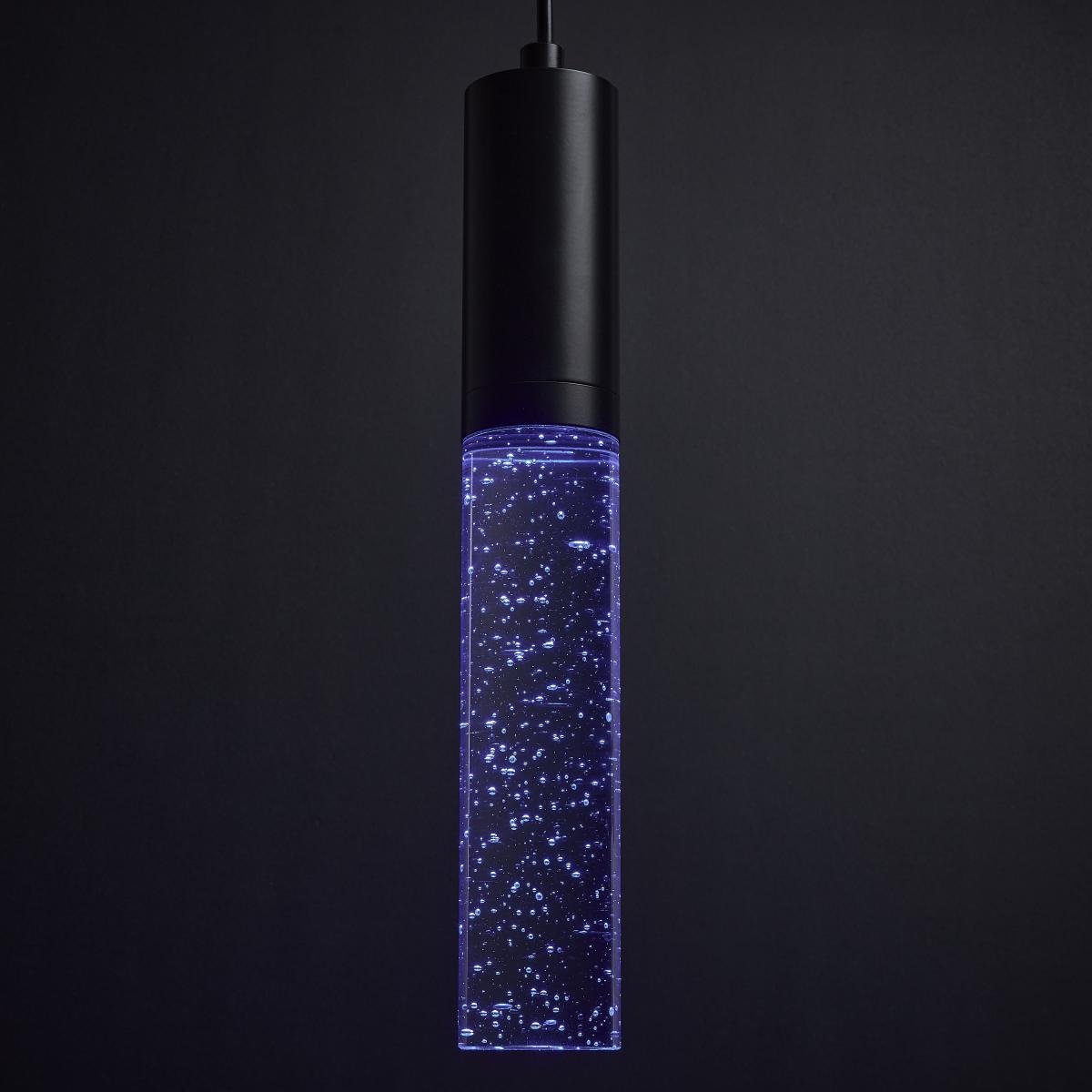 RGB Lacey 2-inch LED mini pendant by Satco featuring matte black finish and K9 bubble crystal for modern LED lighting.