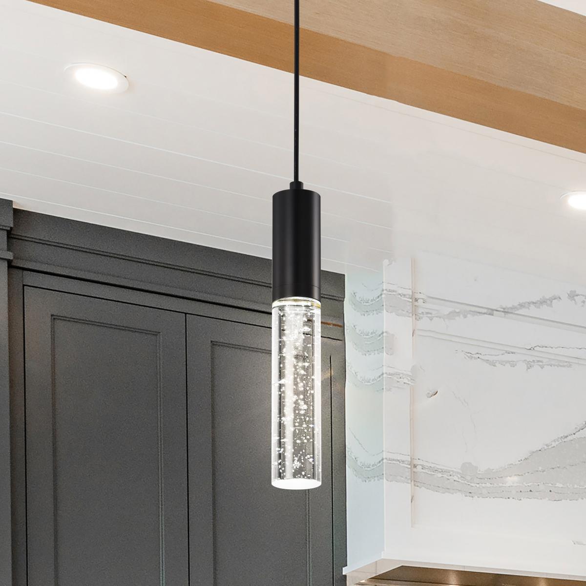 RGB Lacey 2-inch LED mini pendant by Satco featuring matte black finish and K9 bubble crystal for modern LED lighting.
