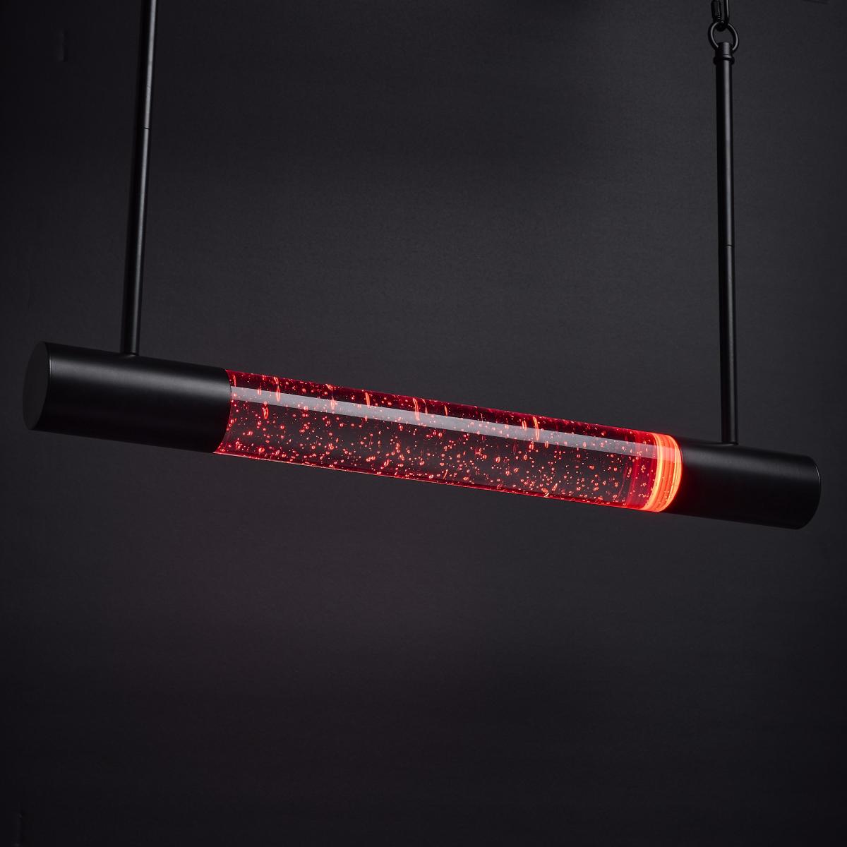 RGB Lacey 23-inch LED island pendant by Satco featuring matte black finish and K9 bubble crystal details.