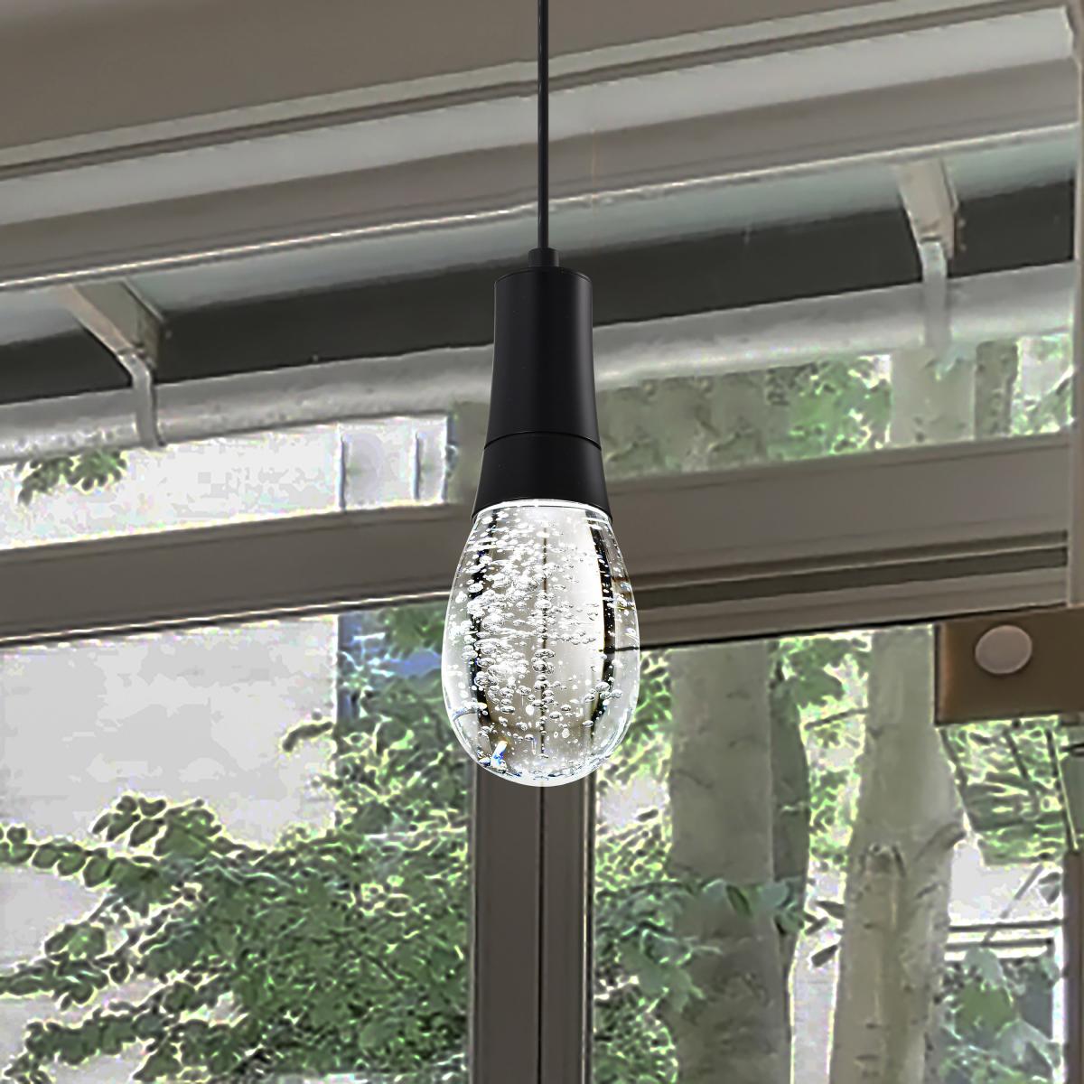 RGB Lacey 4-inch LED mini pendant by Satco featuring matte black finish and K9 bubble crystal for modern LED lighting.