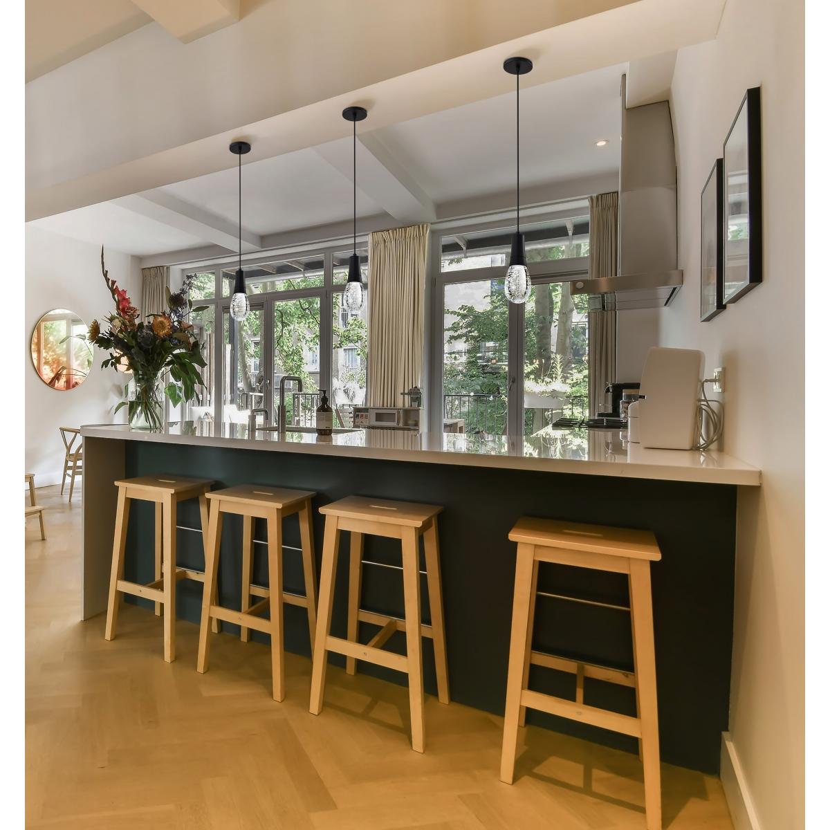 RGB Lacey 4-inch LED mini pendant light by Satco featuring matte black finish and K9 bubble crystal for stylish illumination.