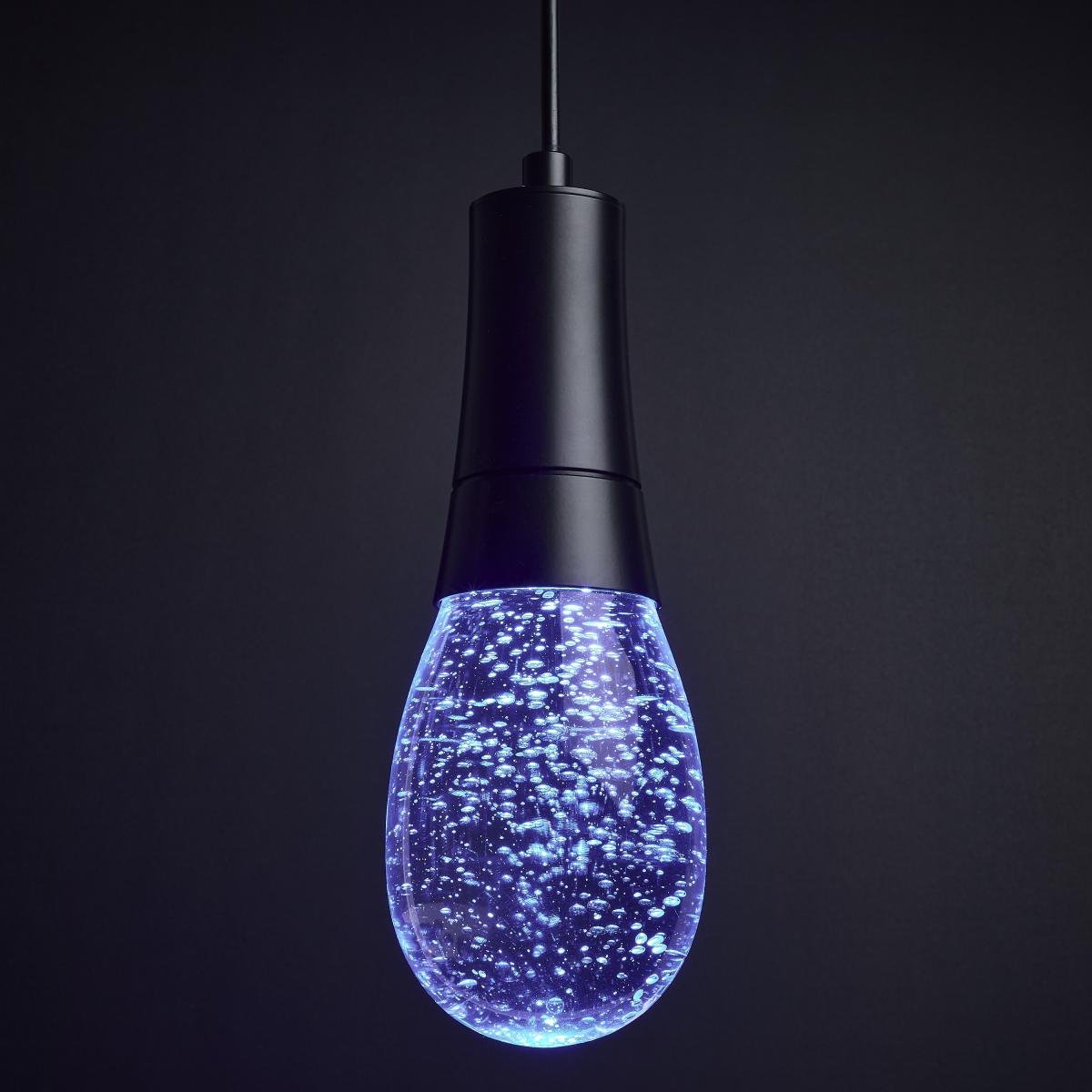 RGB Lacey 4-inch LED mini pendant light by Satco, matte black finish with K9 bubble crystal for modern LED lighting fixtures.