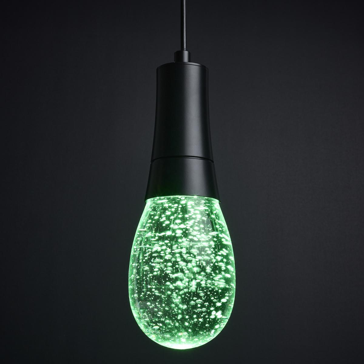 RGB Lacey 4-inch LED mini pendant light by Satco with matte black finish and K9 bubble crystal for modern LED lighting fixtures.