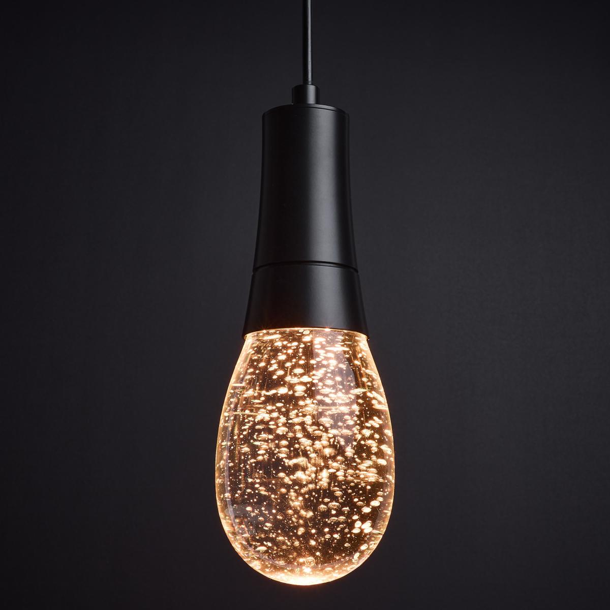 RGB Lacey 4-inch LED mini pendant light by Satco with matte black finish and K9 bubble crystal for modern lighting.