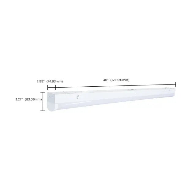 Satco LED 4 ft linear strip light with CCT, integrated emergency, sensor, available in 30W, 40W, and 50W models.