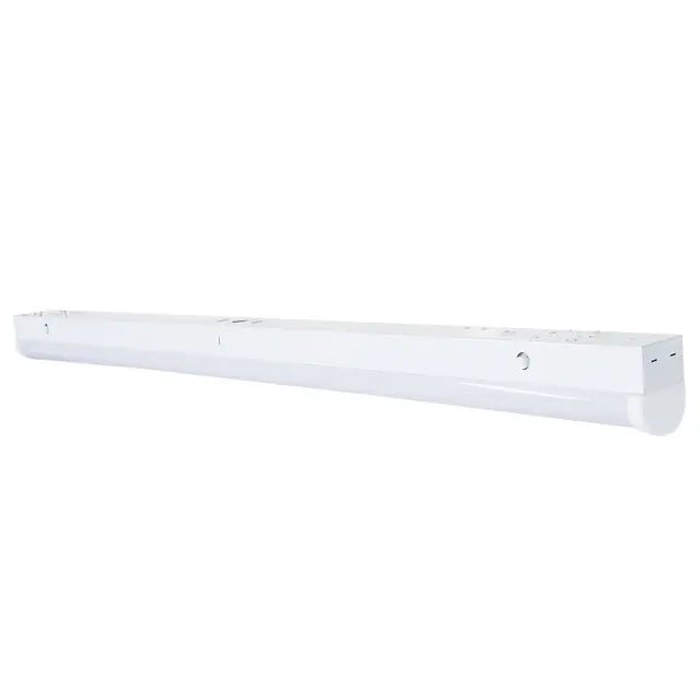 Satco LED 4 ft linear strip light with adjustable CCT, 30W-50W options, integrated emergency, sensor, suitable for stairwells and corridors.