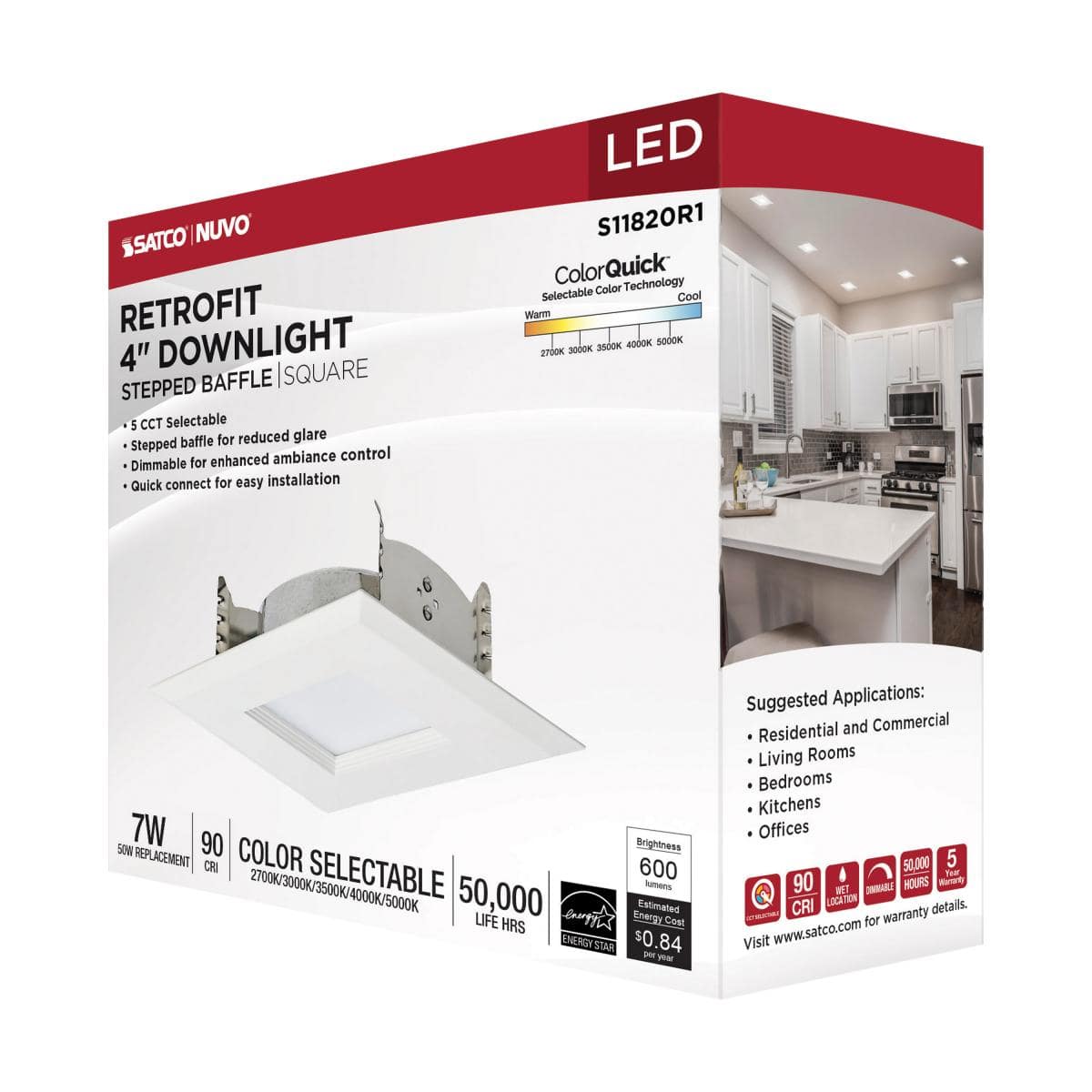 6.7 Watt LED Downlight Retrofit; 4 Inches; CCT Selectable; Square; White Finish; 120 Volt - Green Lighting Wholesale, INC