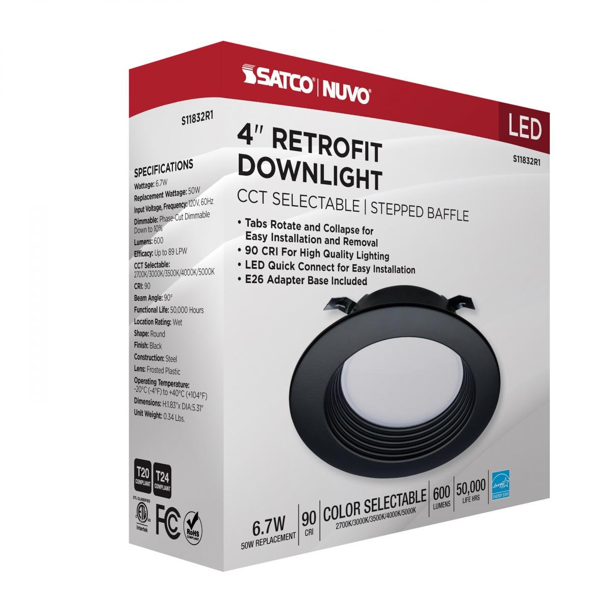 Black 6.7W Satco LED recessed downlight retrofit kit, 4-inch, CCT selectable, ideal for energy-efficient lighting upgrades