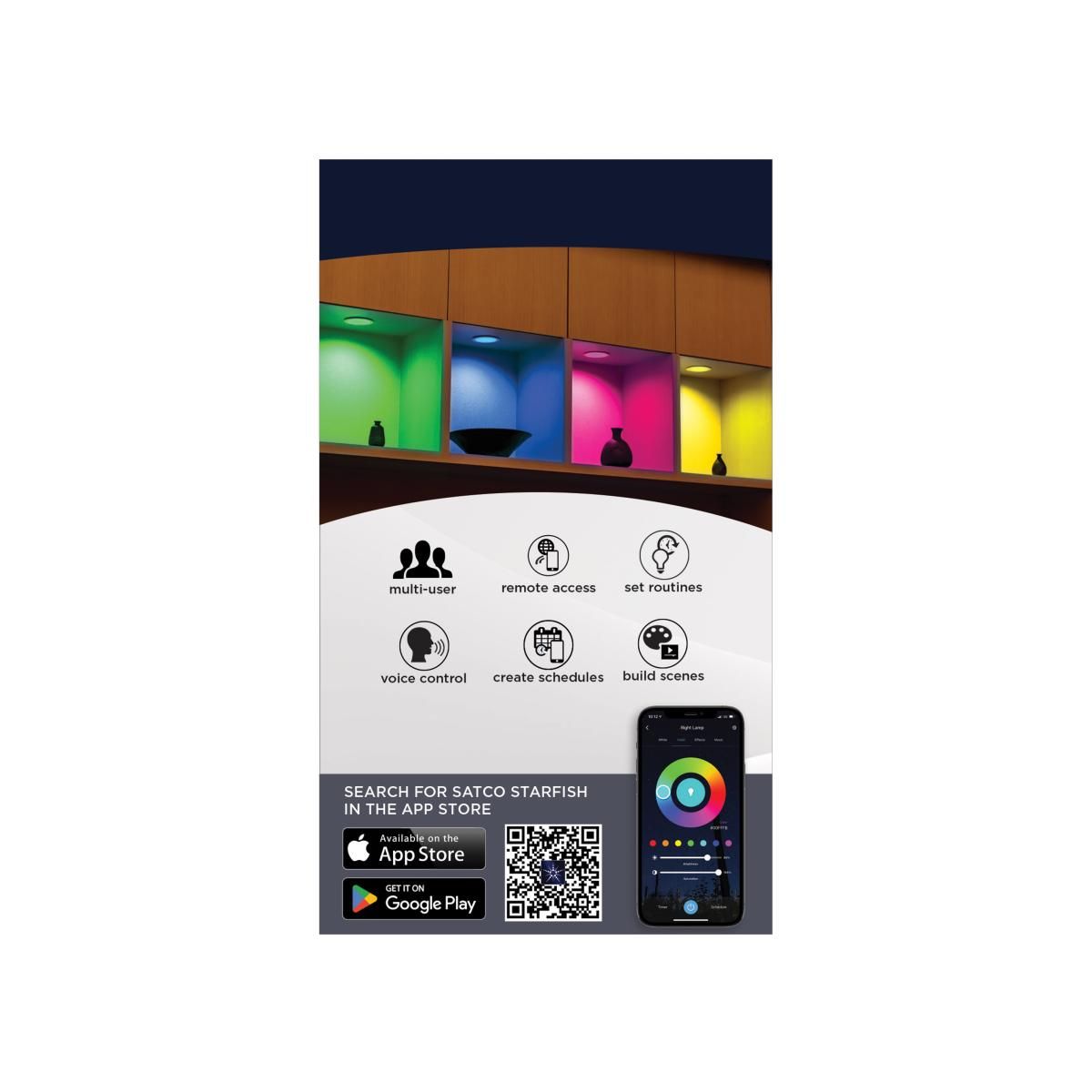 Satco 10.5W RGB LED retrofit downlight, 4-inch round recessed kit with adjustable color options and modern design.