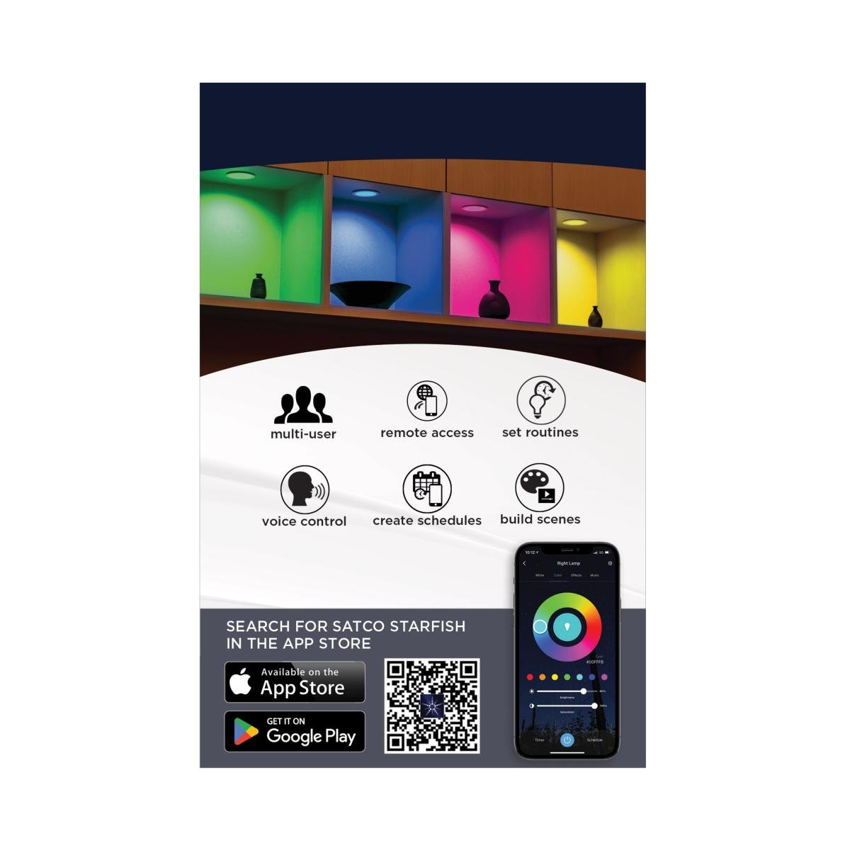 Satco RGB and tunable white 4-inch square LED retrofit kit with 10.5W, 90 CRI, suitable for recessed lighting.
