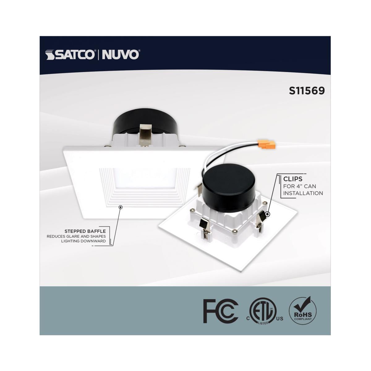 Satco RGB and tunable white 4-inch square LED retrofit kit with 10.5W power and 90 CRI, designed for recessed lighting.
