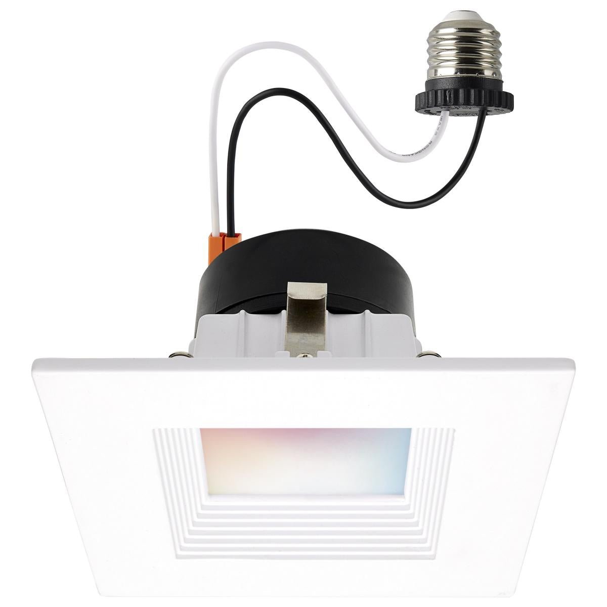 Satco 4-inch RGB and tunable white LED recessed retrofit kit with 10.5W, high CRI, square design, ideal for energy-efficient lighting.