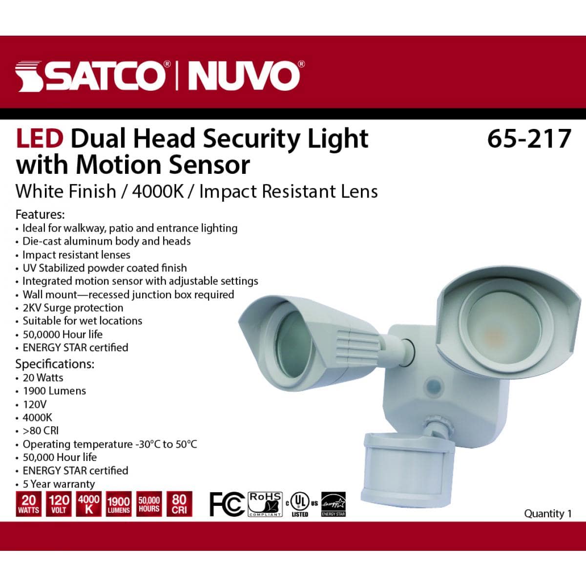 White LED Security Light - Dual Head - 4000K - with Motion Sensor - 120V - Green Lighting Wholesale, INC