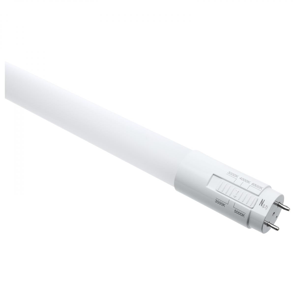 Satco dimmable 10.5W T8 LED lamp, 48-inch, CCT selectable, Type B ballast bypass, suitable for 120-277V lighting fixtures.