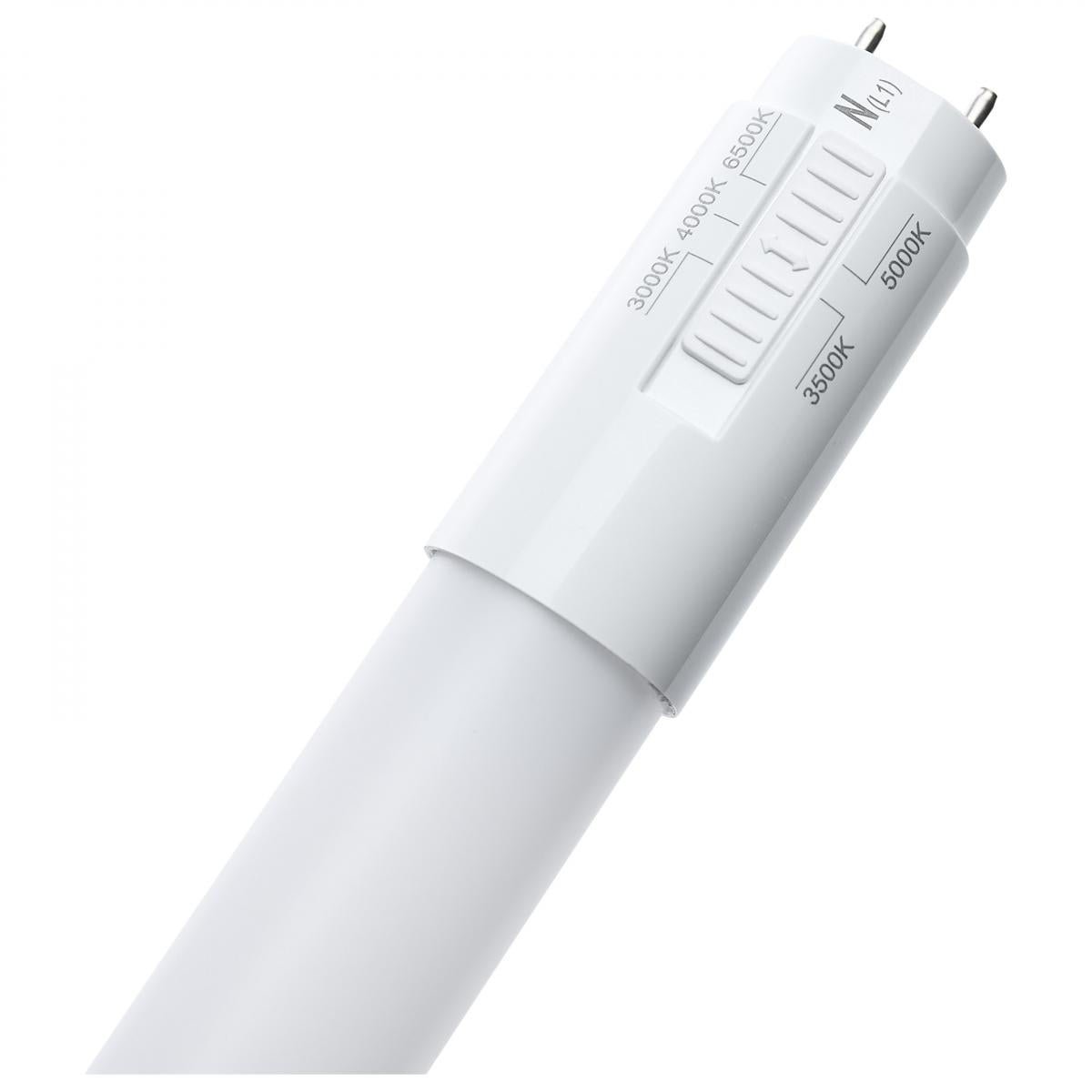 Satco 48-inch dimmable T8 LED lamp with CCT selectable, Type B ballast bypass, 10.5W, suitable for 120-277V lighting fixtures.