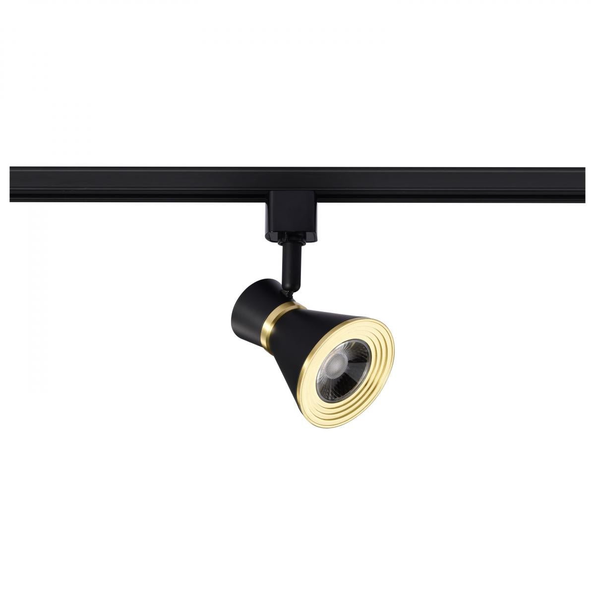 Matte black and brushed brass finish Satco 12W LED Cinch track head with 3000K warm light, for modern track lighting.