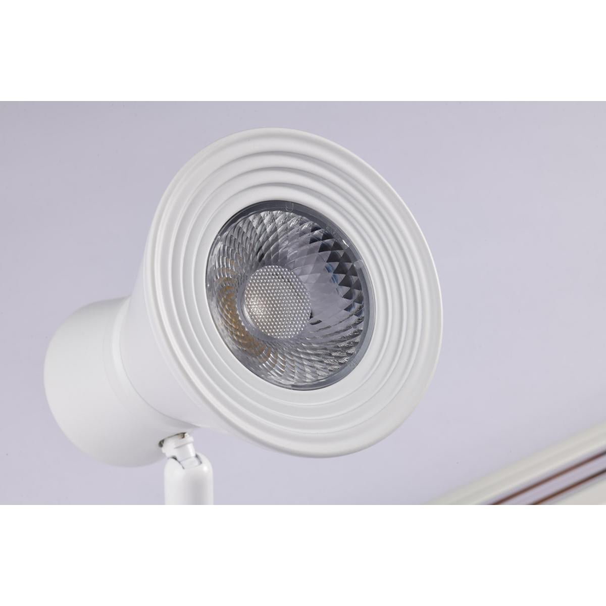Matte white Satco 12W LED Cinch track head with 3000K warm light for adjustable track lighting.