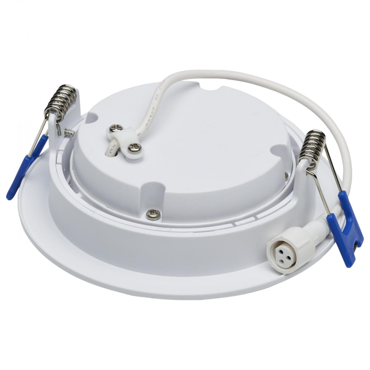 Satco 11W LED wafer downlight, 4-inch white finish, directional, low-profile, CCT selectable, 120V lighting fixture.