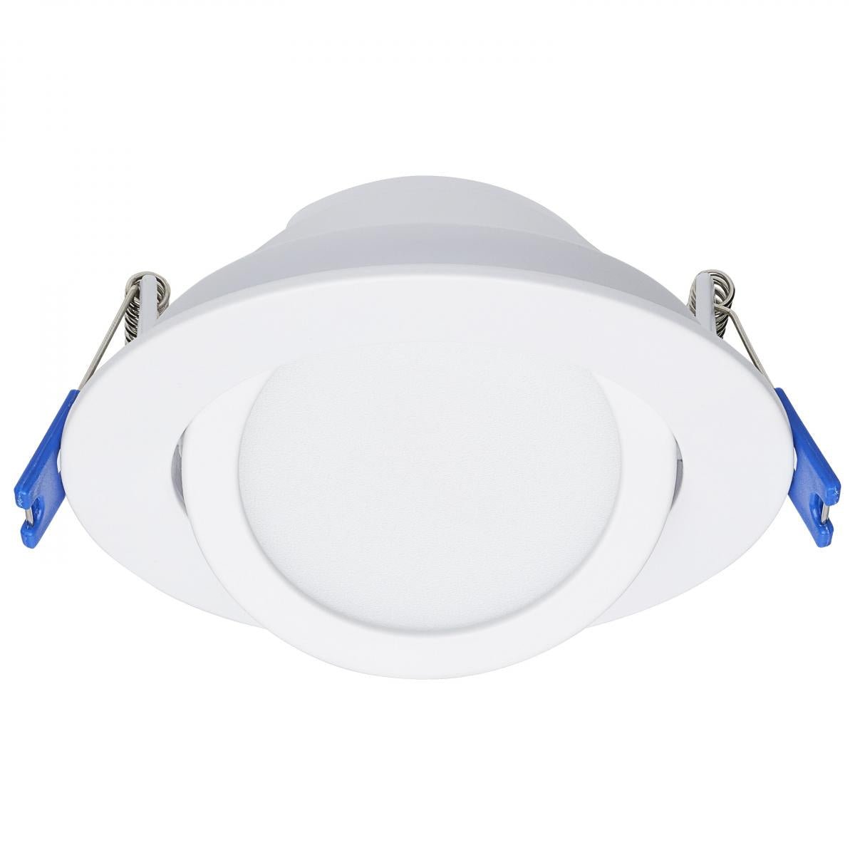 Satco 11W LED wafer downlight, 4-inch directional low-profile design with CCT selectability in white finish.