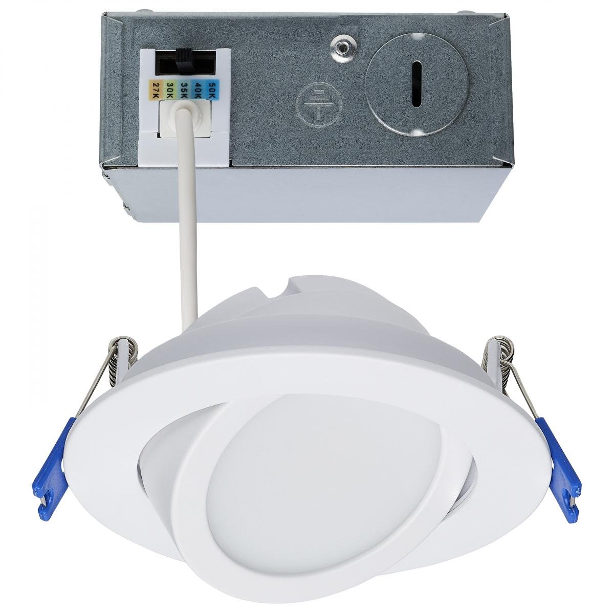 Satco 11W LED wafer downlight, 4-inch, directional, low-profile, CCT selectable, 120V, white finish, energy-efficient lighting.