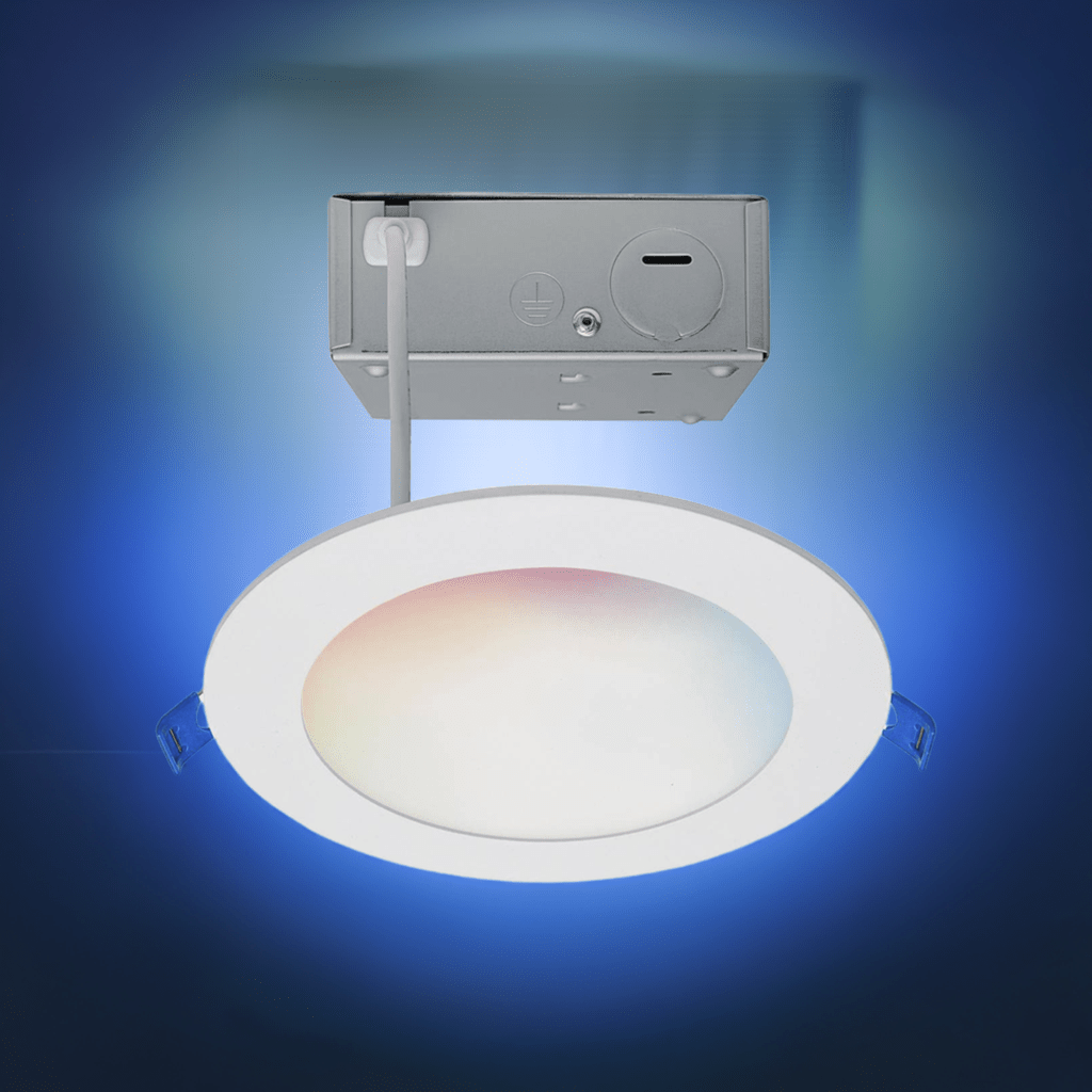Satco 12W LED Wafer low profile downlight, 6-inch round with tunable white and RGB lighting, 120V for versatile room lighting.