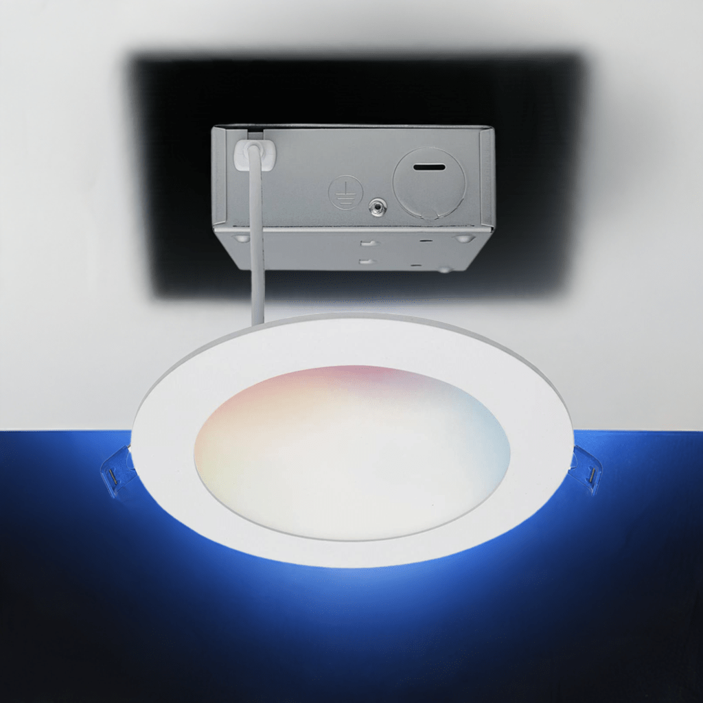 Satco 12W LED wafer downlight, 6-inch round, tunable white and RGB, low profile, 120V lighting in a modern ceiling installation.