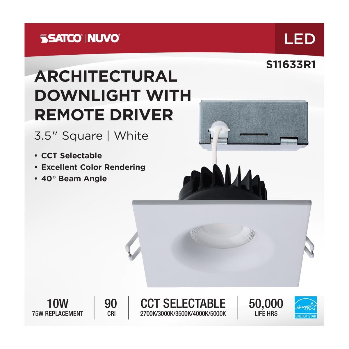 Satco 4-inch square white LED wafer downlight with remote driver, 10W, canless design, CCT selectable for adjustable lighting.