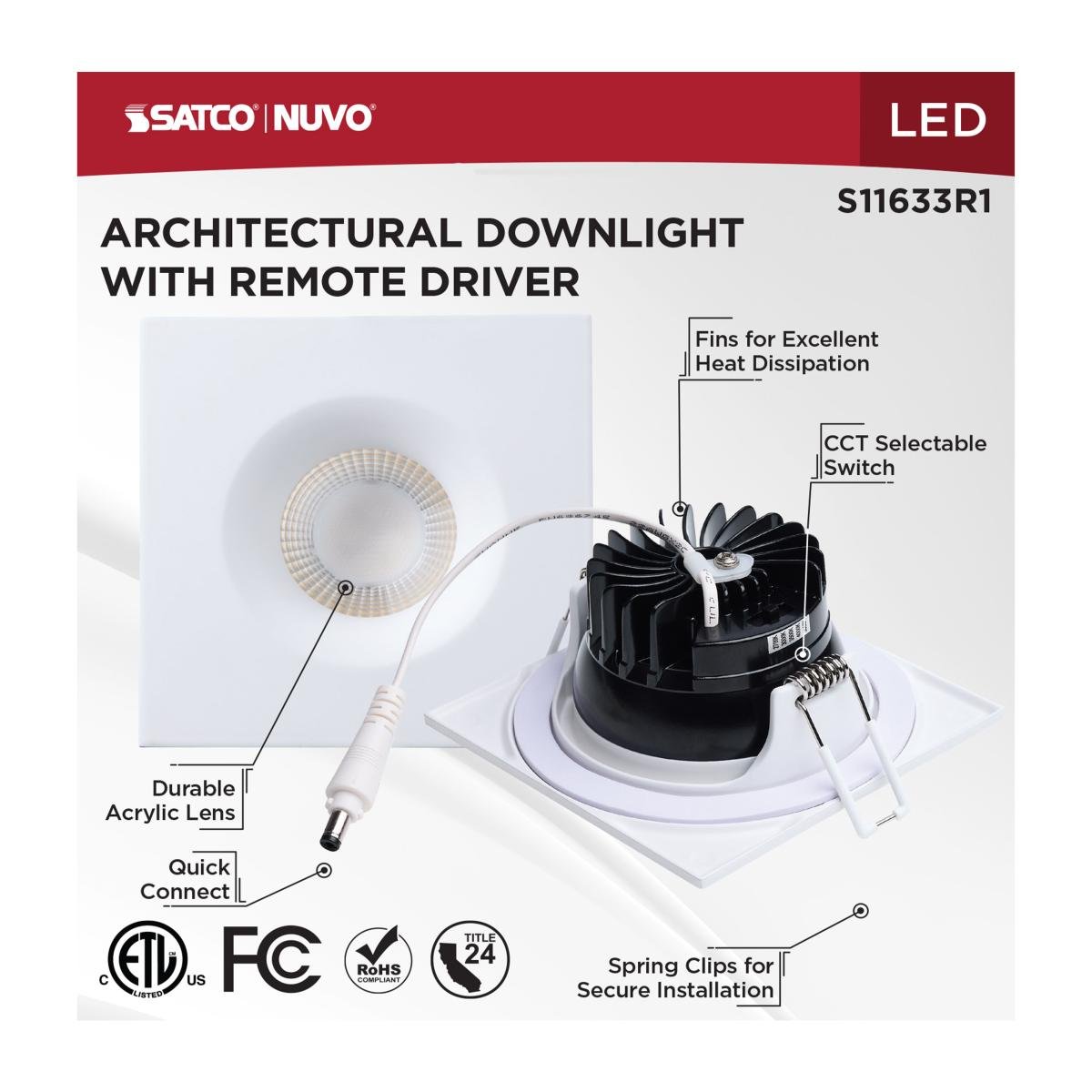 Satco 4-inch white LED wafer downlight with remote driver, 10W, canless design, and CCT selectable for versatile lighting.
