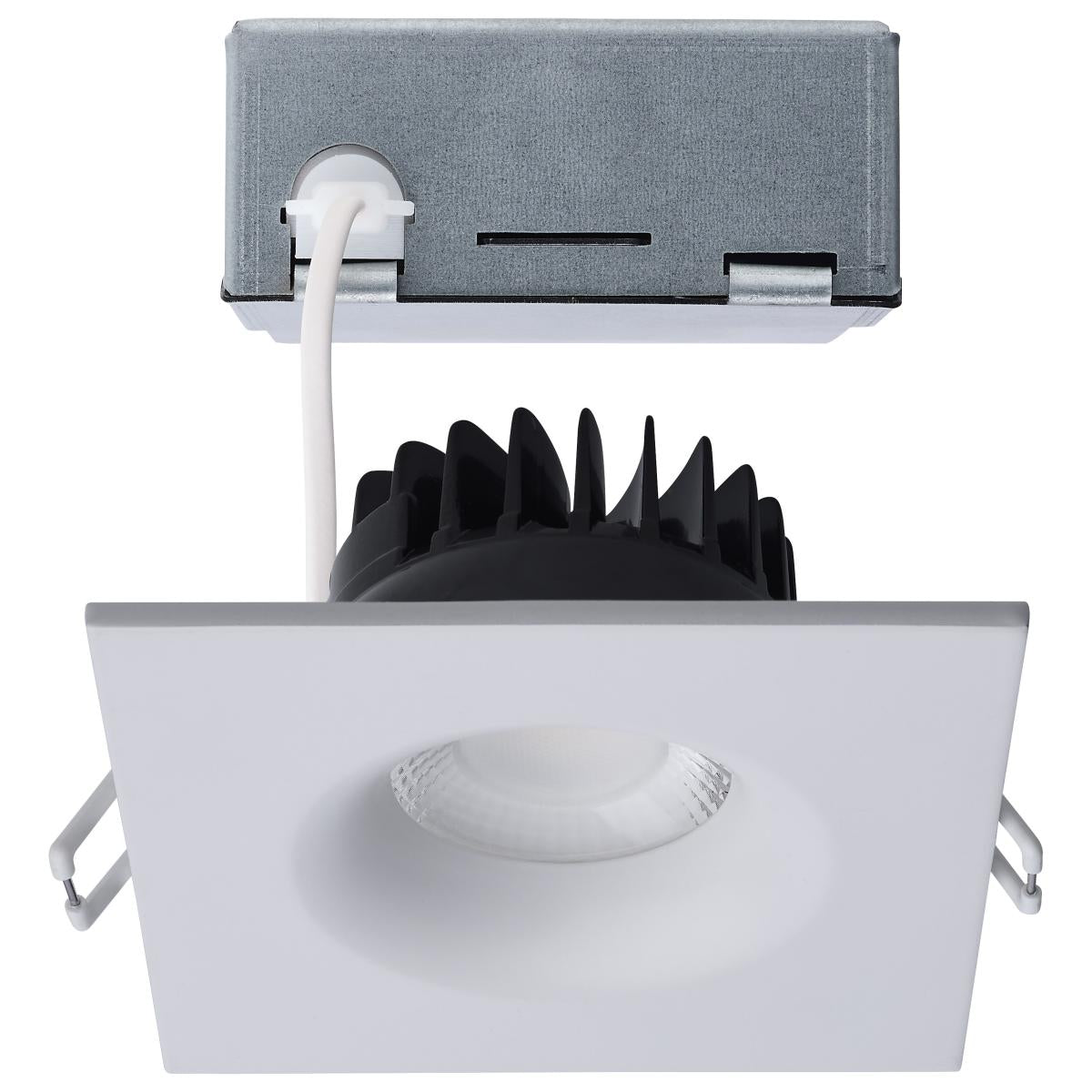 Satco 4-inch square white LED wafer downlight with remote driver, 10W, canless design, and CCT selectable for adjustable lighting.