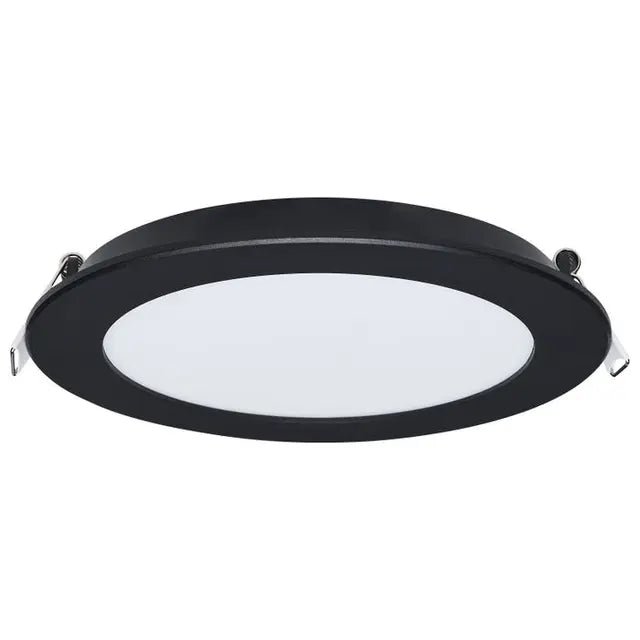 Satco 6-inch black LED wafer fixture with CCT selectable, round design, 11-watt cannless lighting for modern interiors.
