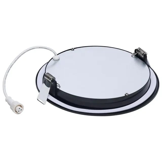 Satco 6-inch black LED wafer fixture with CCT selectable, round shape, 11 watts, ideal for modern ceiling lighting.