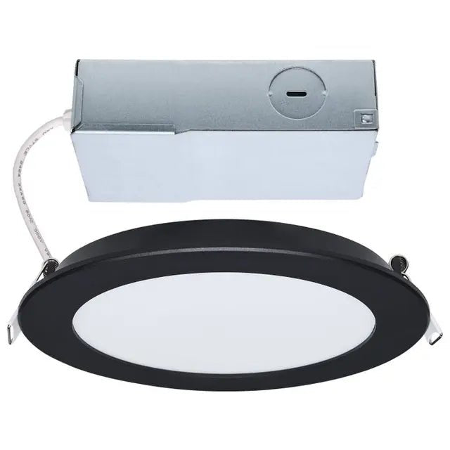 Satco 6-inch black LED wafer fixture with CCT selectable, round design, 11W, suitable for modern ceiling lighting.