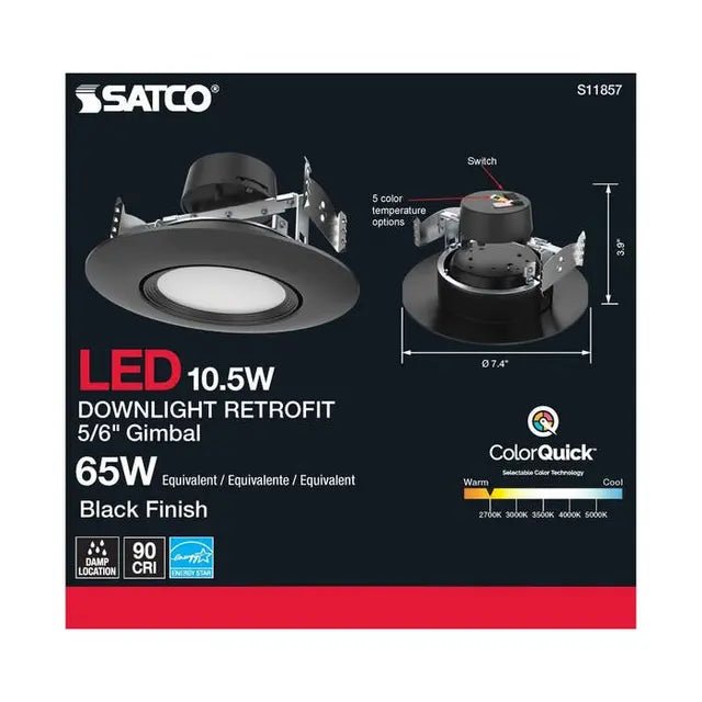 Black Satco 10.5W LED wafer downlight with gimbaled design, 5/6 inch size, 120V, and CCT selectable for versatile lighting.