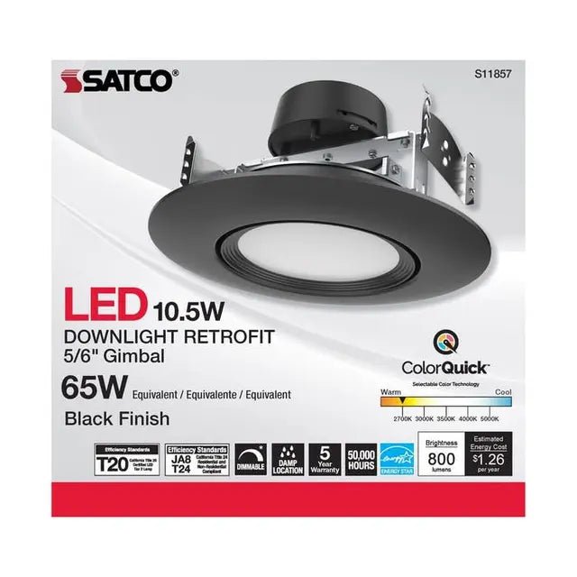 Black Satco 10.5W LED wafer downlight, 5/6 inch gimbaled design, 120V, CCT selectable for adjustable lighting.
