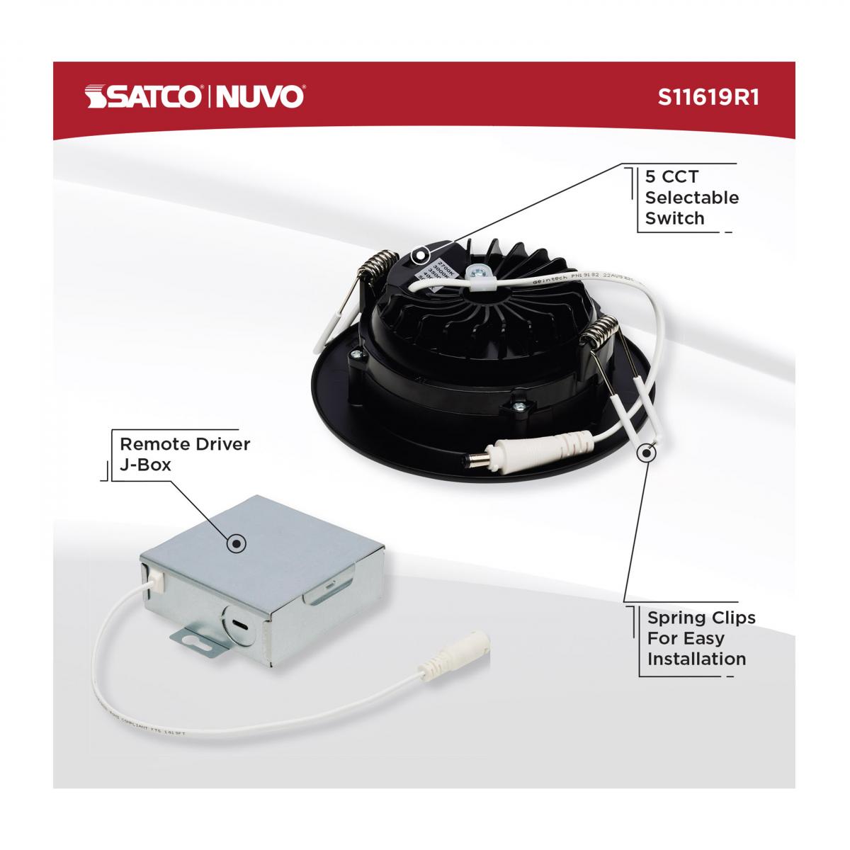 Black 12W LED Wafer downlight by Satco, gimbaled 4-inch model with selectable CCT for versatile lighting.