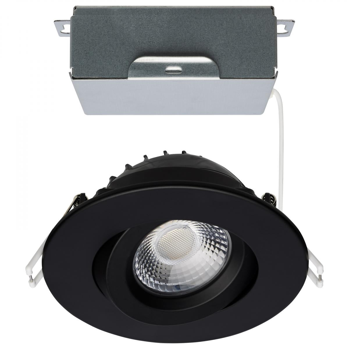 Black 12W LED Wafer downlight by Satco, gimbaled 4-inch LED direct wire downlight with CCT selectable feature.