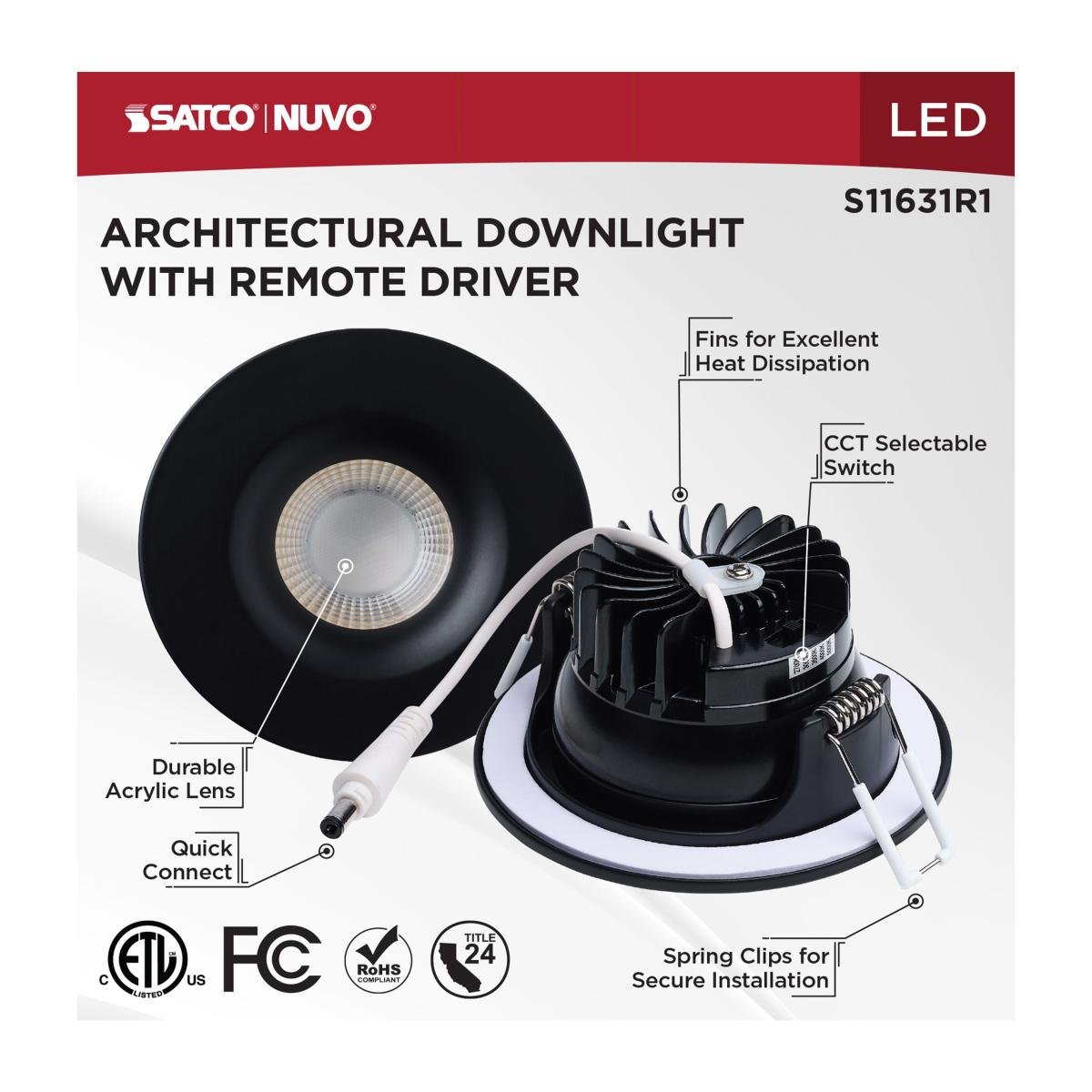 Black Satco LED wafer round downlight, 3.5-inch, 10-watt, canless design with remote driver and CCT selectable lighting.