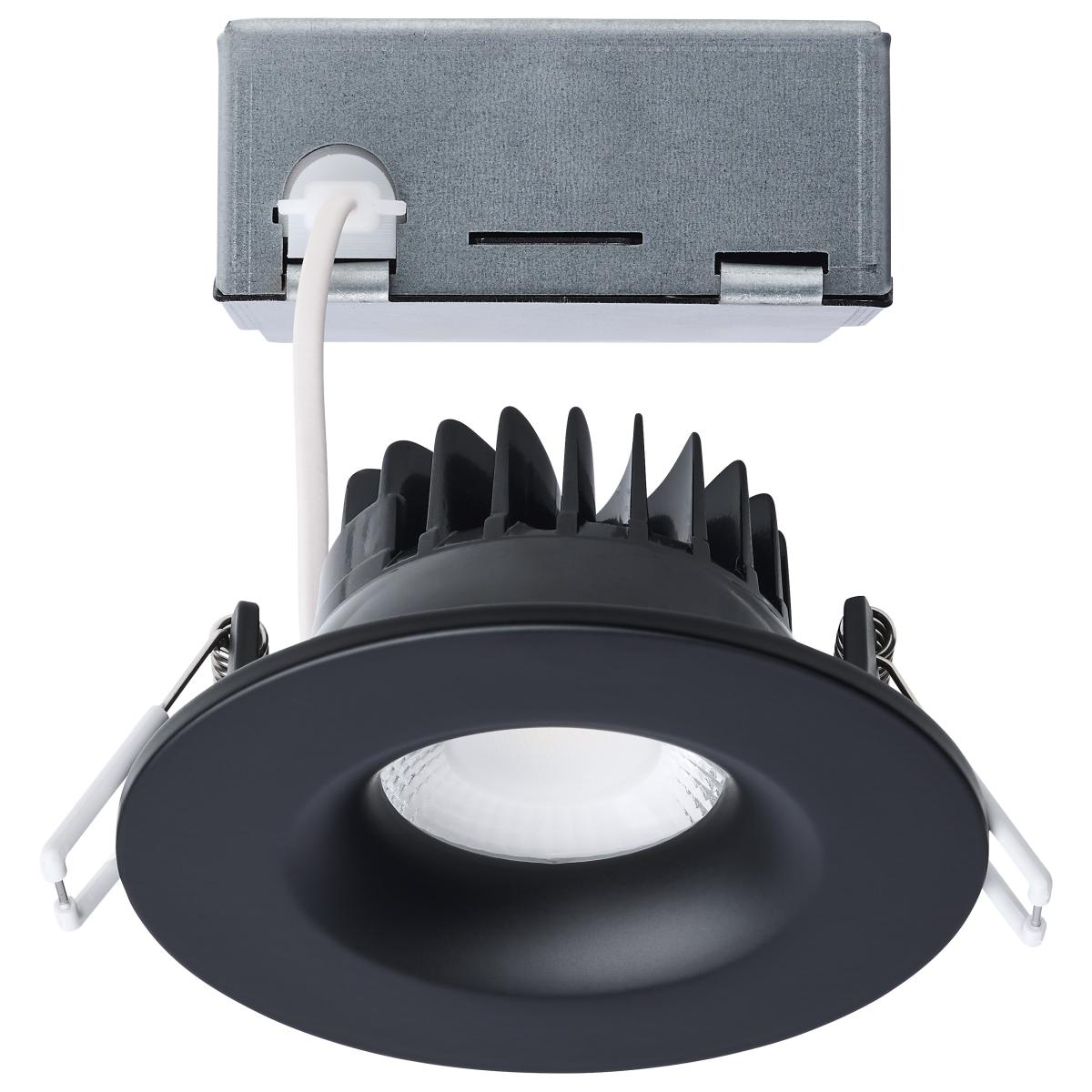 Black Satco LED wafer downlight with 3.5-inch round design, 10W, canless, remote driver, CCT selectable for adjustable lighting.