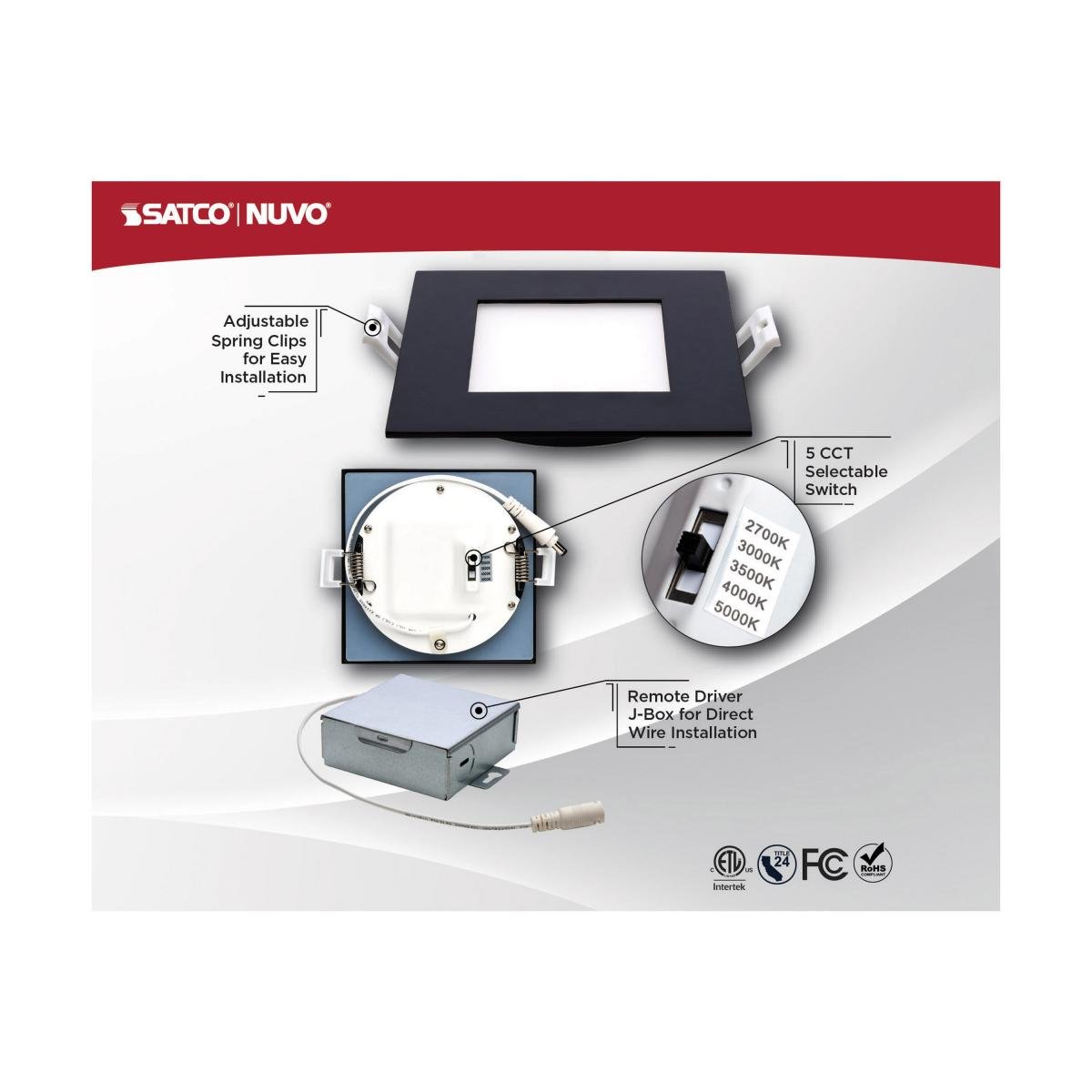 Black Satco 10W LED wafer downlight, 4-inch low-profile square design with CCT selectable feature.