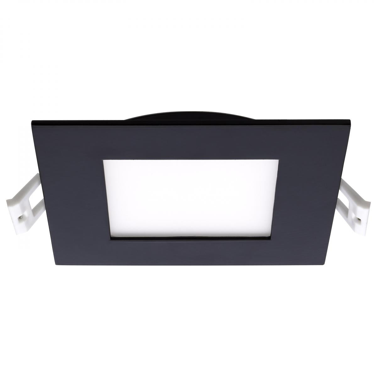 Black Satco 10W LED wafer downlight with 4-inch square design and CCT selectable feature, low-profile lighting for ceilings.