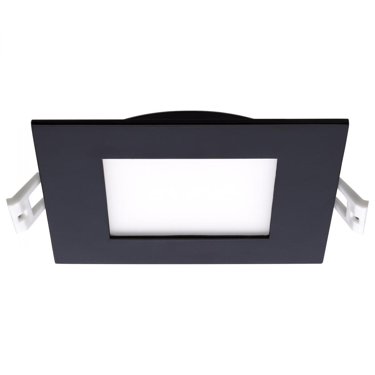 Black Satco 10W LED wafer downlight with 4-inch square design and CCT selectable feature, low-profile lighting for ceilings.