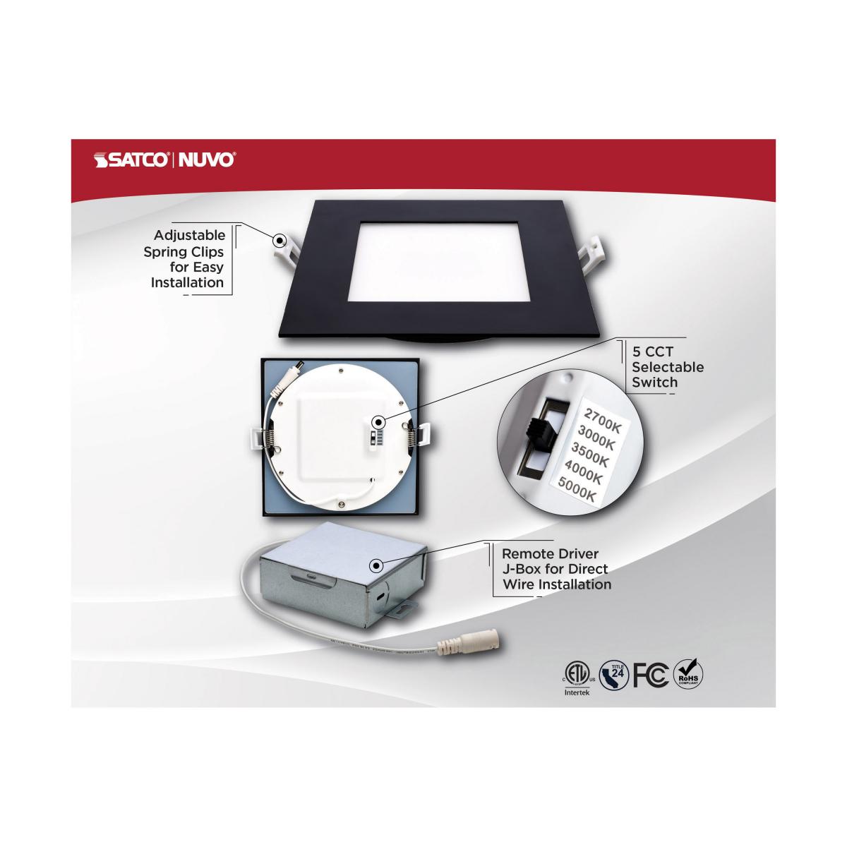 Black Satco 12W LED wafer downlight, 6-inch low-profile square with CCT selectable lighting, ideal for modern ceiling installations.