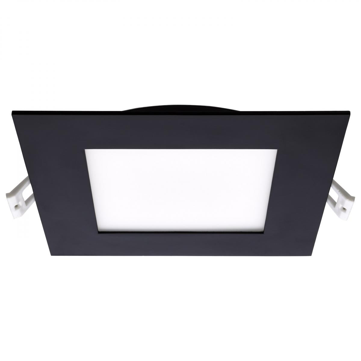 Black square 12W LED wafer downlight by Satco, 6-inch low profile design with CCT selectable lighting.