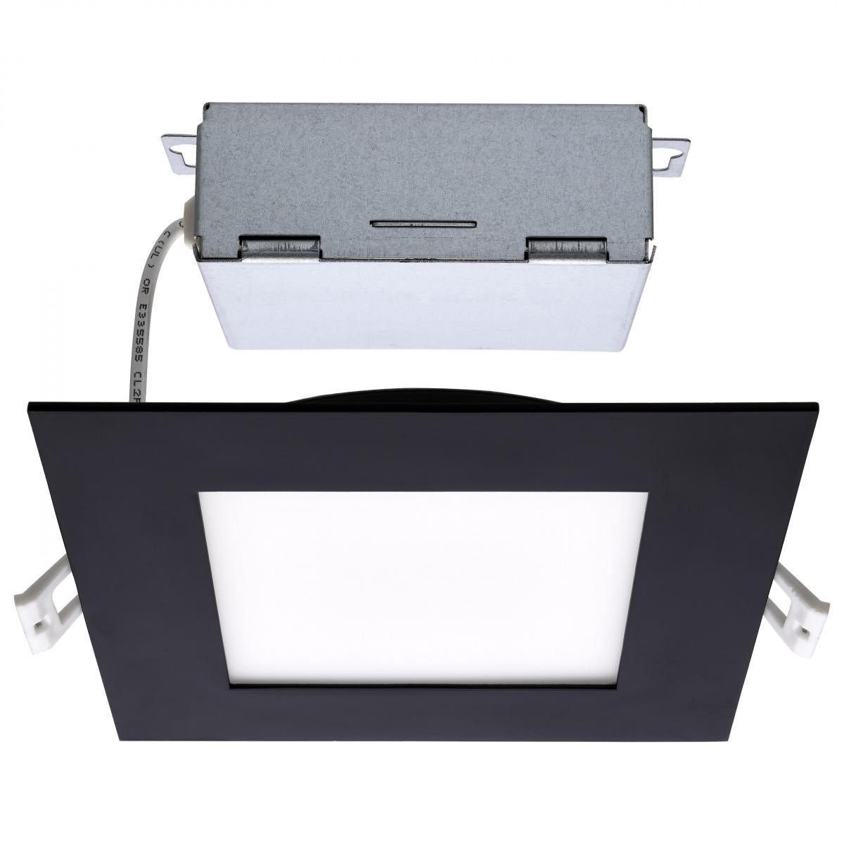 Black Square 12W LED Wafer Downlight by Satco, 6-inch low-profile light with CCT selectable feature.