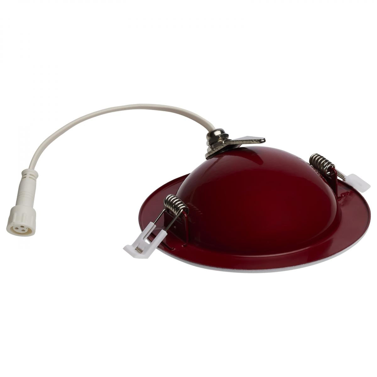 Satco 4-inch fire-rated LED wafer downlight with round shape, white finish, direct wire installation, and CCT selectable lighting.