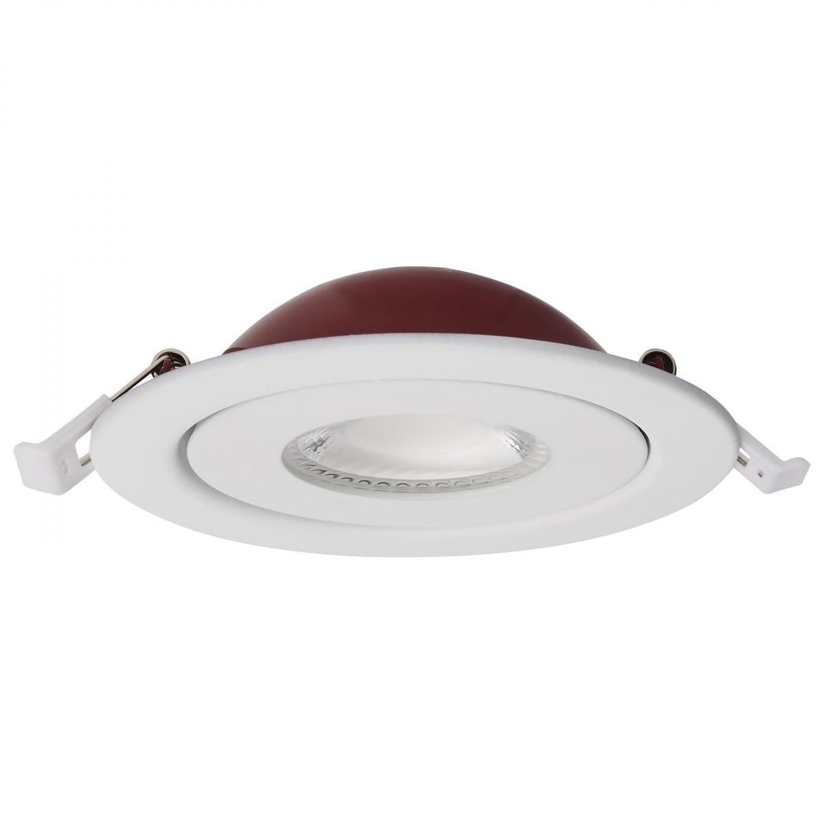 Satco 4-inch fire-rated LED wafer downlight, round shape, white finish, direct wire installation, CCT selectable lighting.