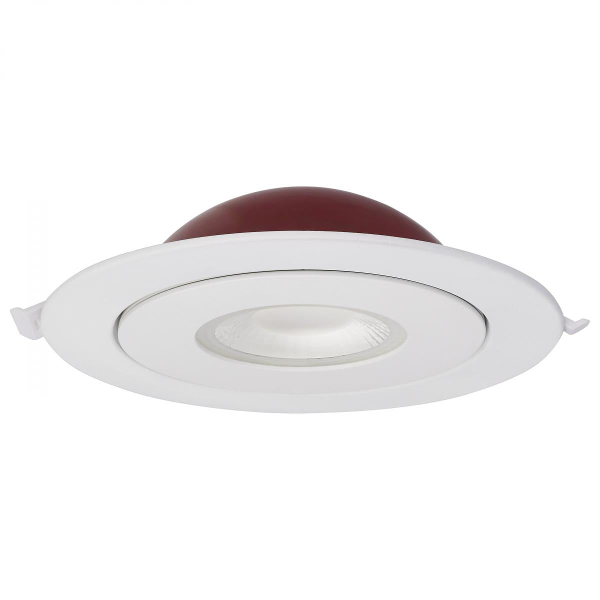 Satco 6-inch fire-rated LED wafer downlight with round shape, white finish, direct wire installation, and CCT selectable feature.