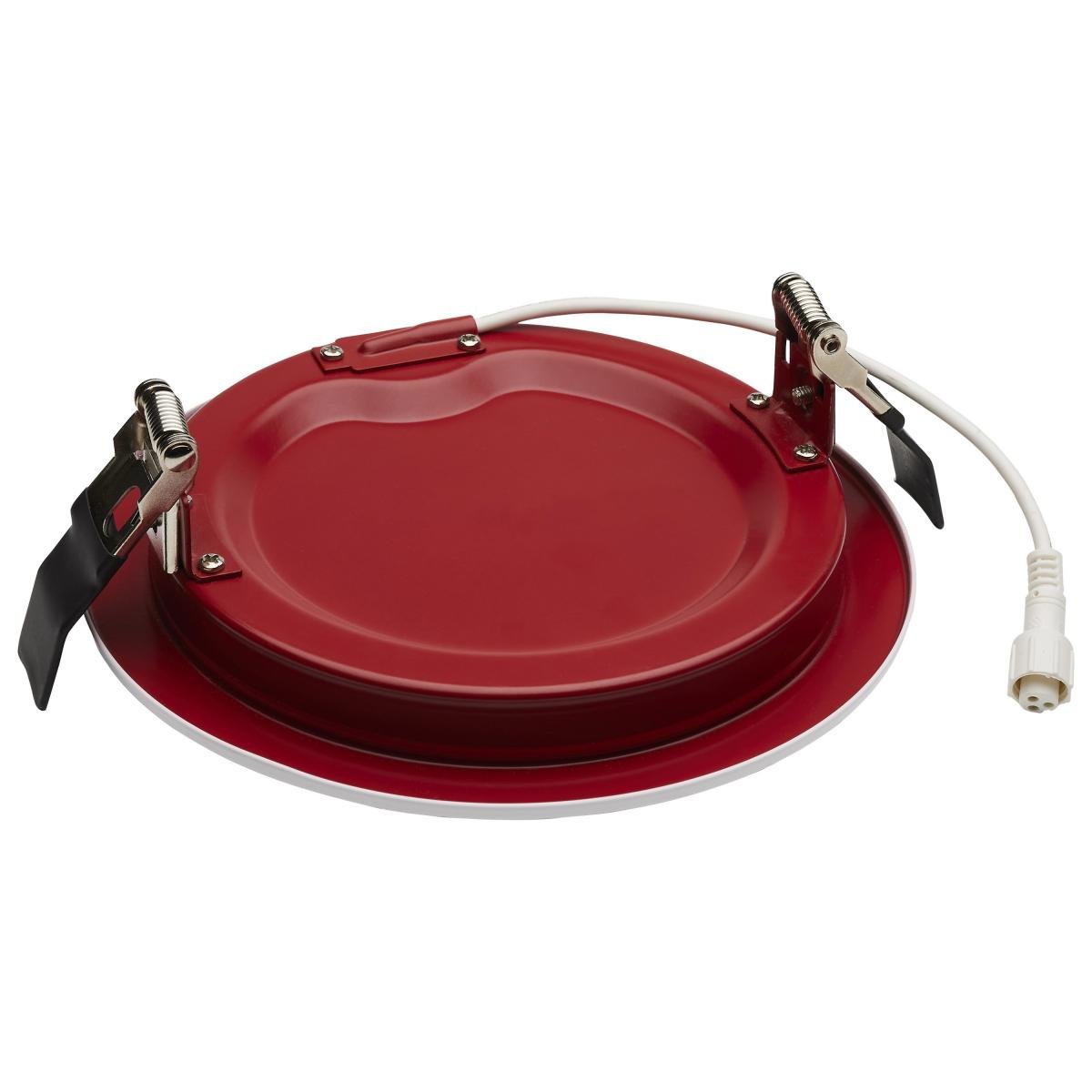 Satco 6-inch fire-rated LED wafer downlight with round shape, white finish, and CCT selectable lighting for ceiling installation.
