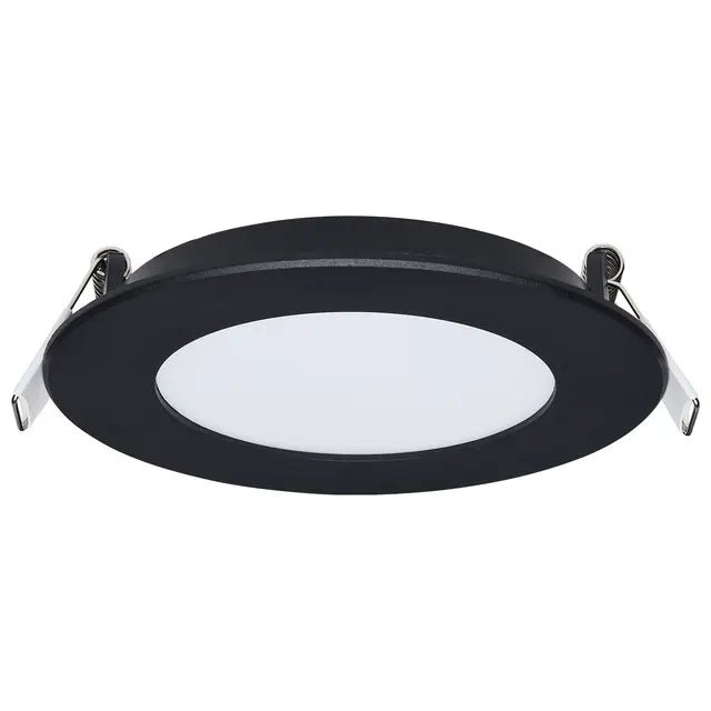 Satco LED 4-inch black canless downlight with remote driver, 8W, adjustable color temperatures 27K-5K, wafer-style ceiling light.
