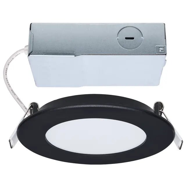 Satco LED 4-inch black wafer downlight with remote driver, 8W, with adjustable color temperatures 27K to 5K.